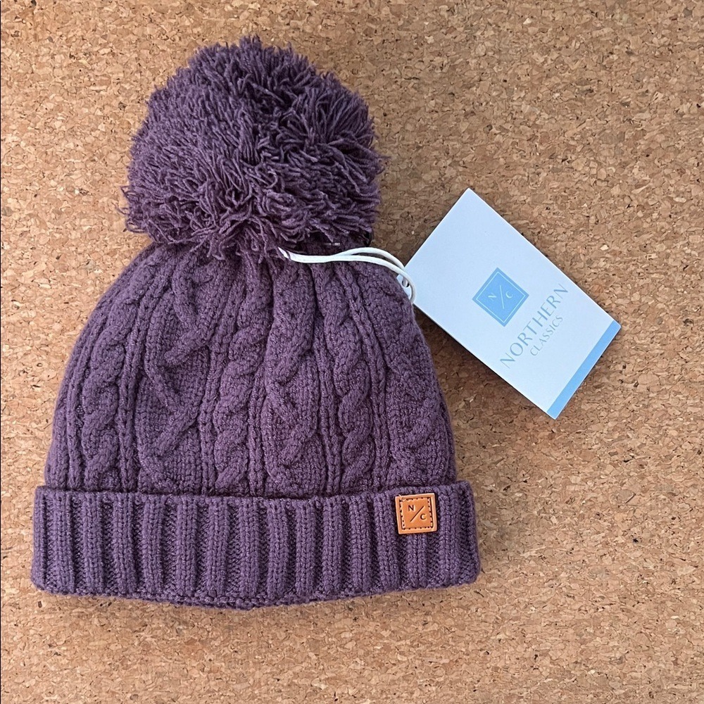 Northern Classics Beanie‎ Kids 9-18M Purple NEW Cable Knit Fleece Lined Pom Hat